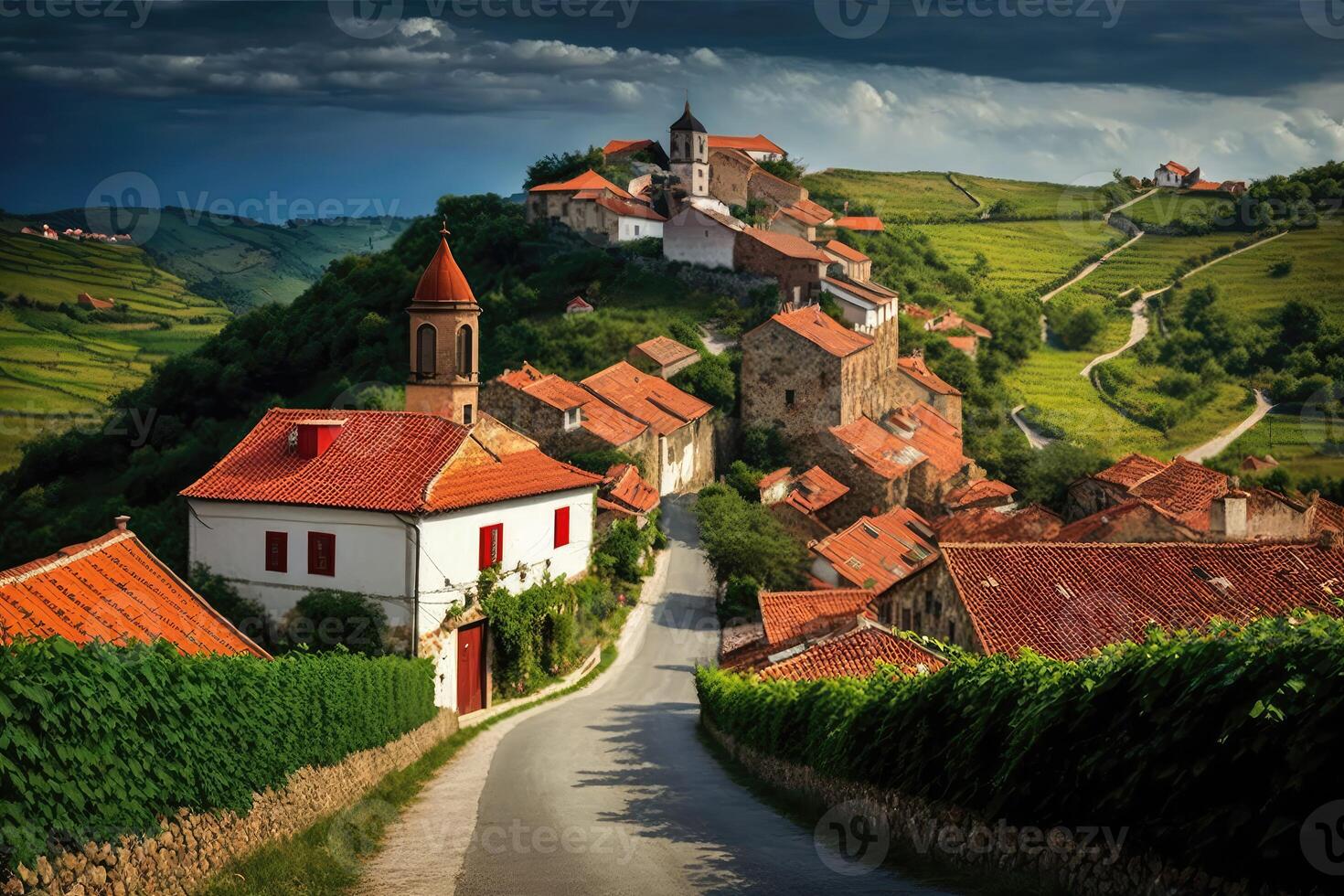 Quaint countryside village nestled among rolling hills, with red-tiled roofs and winding cobblestone streets. photo