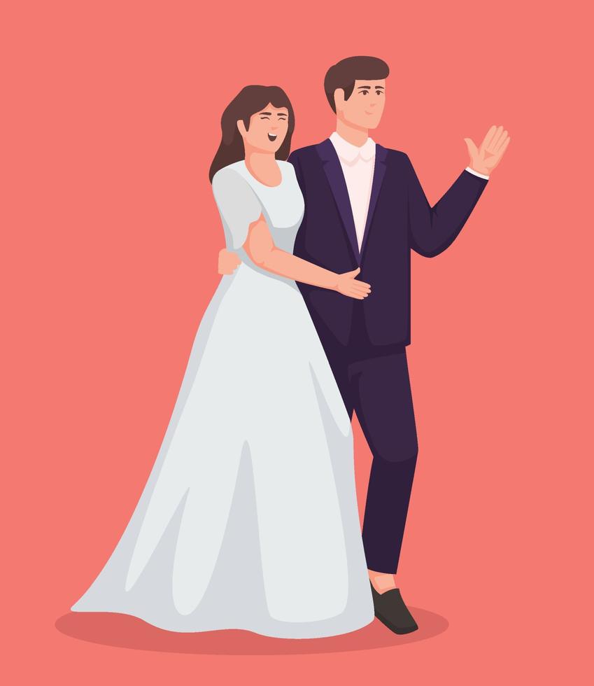 Bride in white dress and Groom in suit. Couple wedding vector illustration