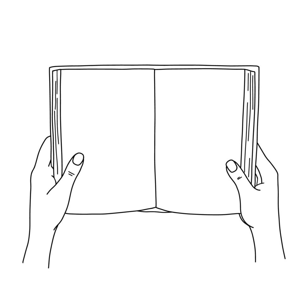 Open book in female hands. Outline vector illustration isolated on white background