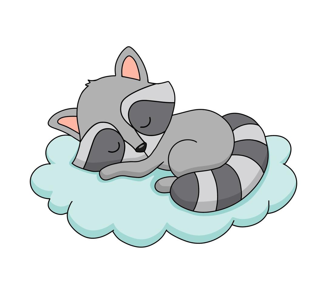 Cute dreaming baby raccoon on cloud. Cartoon hand drawn vector illustration. Baby animal isolated on white