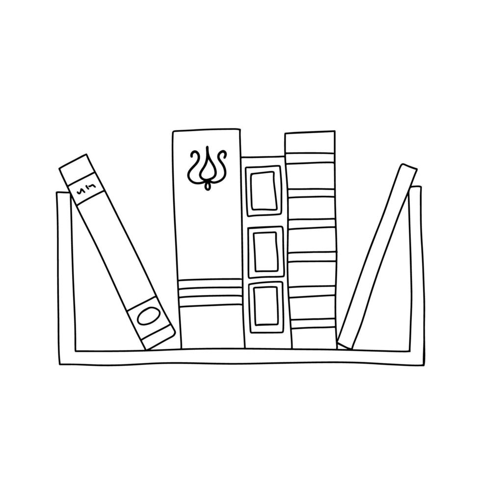 Vector line books stack on bookshelf. Outline doodle illustration isolated on white