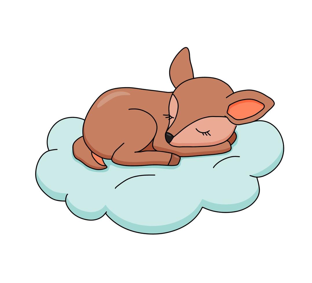 Cute dreaming baby deer on cloud. Cartoon hand drawn vector illustration. Baby animal isolated on white
