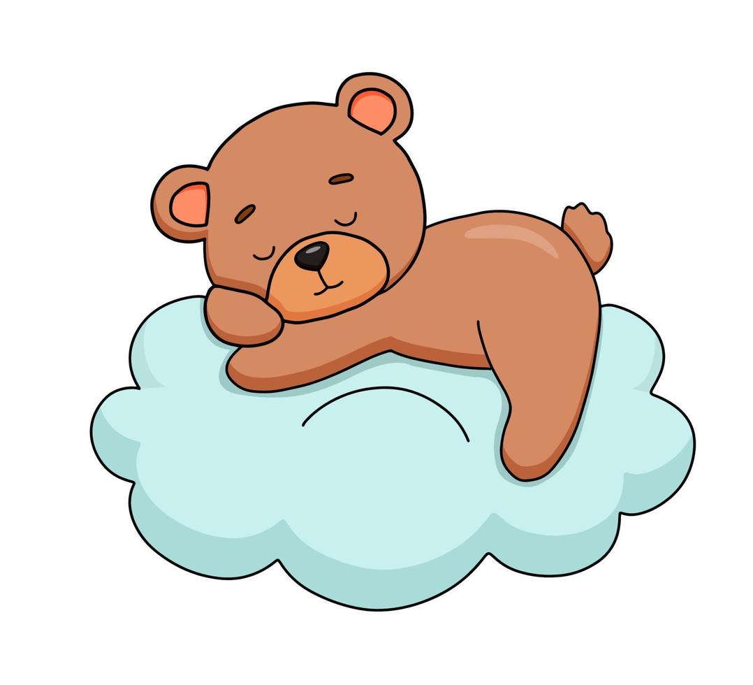 Cute dreaming baby bear on cloud. Cartoon hand drawn vector illustration. Baby animal isolated on white