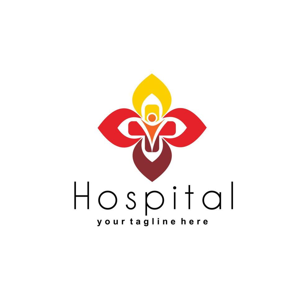 salud logo diseño para hospital, clínica, farmacia, o salud productos y negocio compañía, con futurista cruzar forma con rojo y naranja humano icono dentro vector