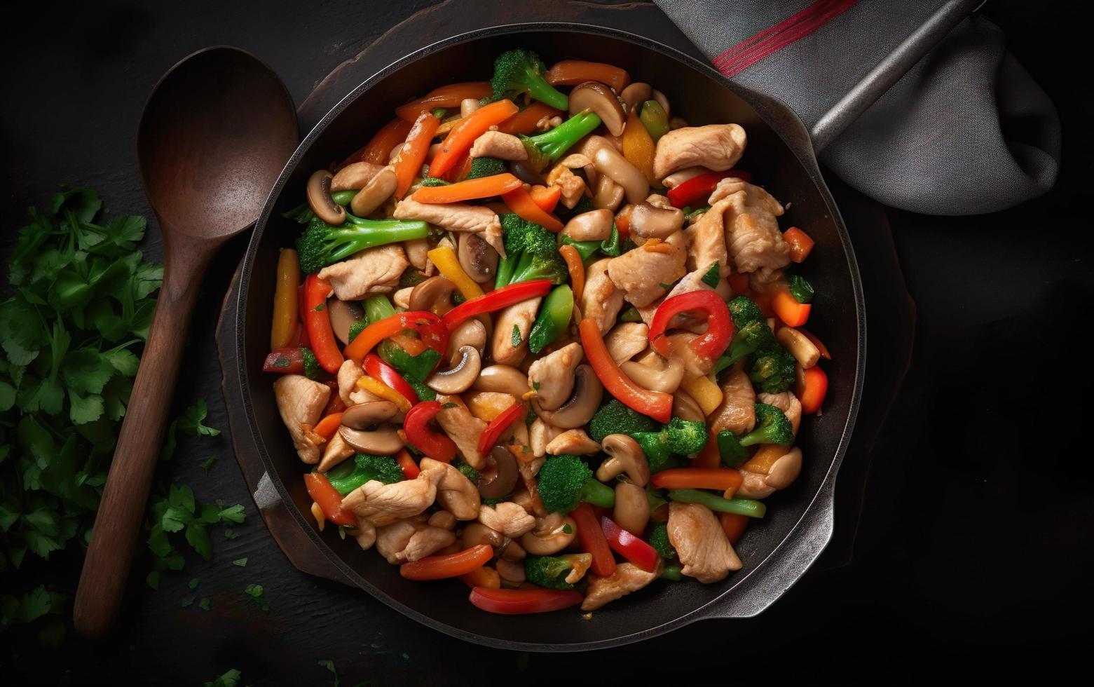 Chicken stir fry with vegetables and mushrooms in a pan on black background photo