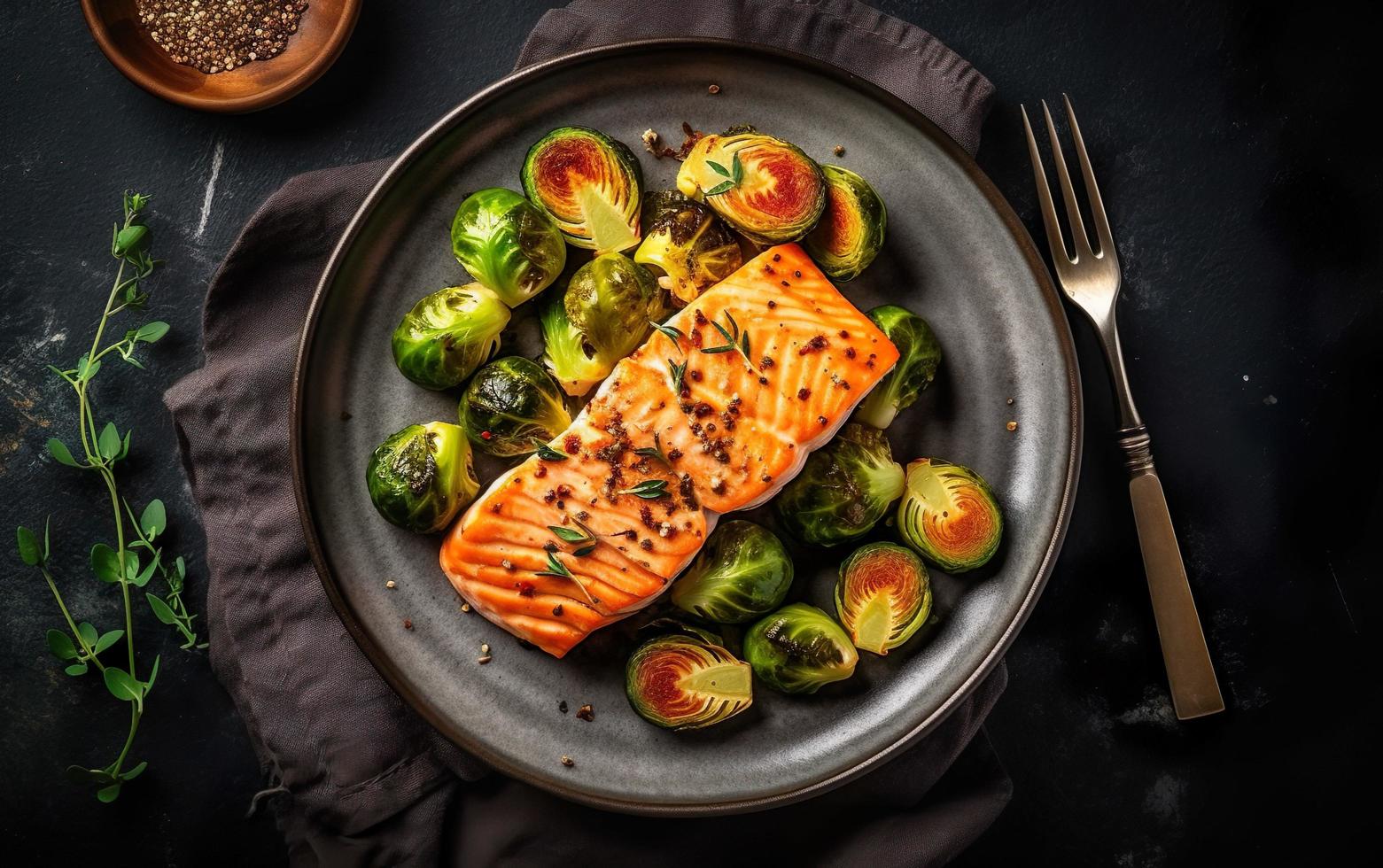 Grilled salmon fillet with brussels sprouts and tomatoes photo