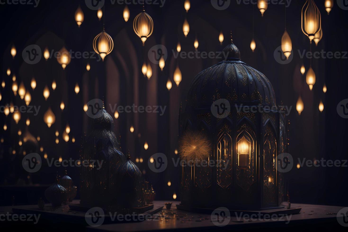 a lantern sitting on top of a table next to a lamp, a digital rendering photo
