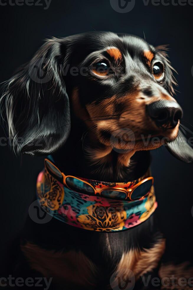 Portrait of a cute black and tan, long-haired dachshund dog with a bandana or scarf on black studio background. art. photo