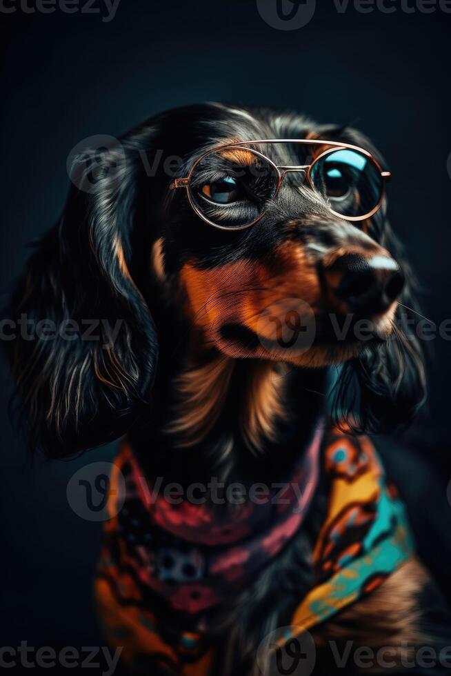 Portrait of a cute black and tan, long-haired dachshund dog with retro glasses and a bandana or scarf on black studio background. art. photo