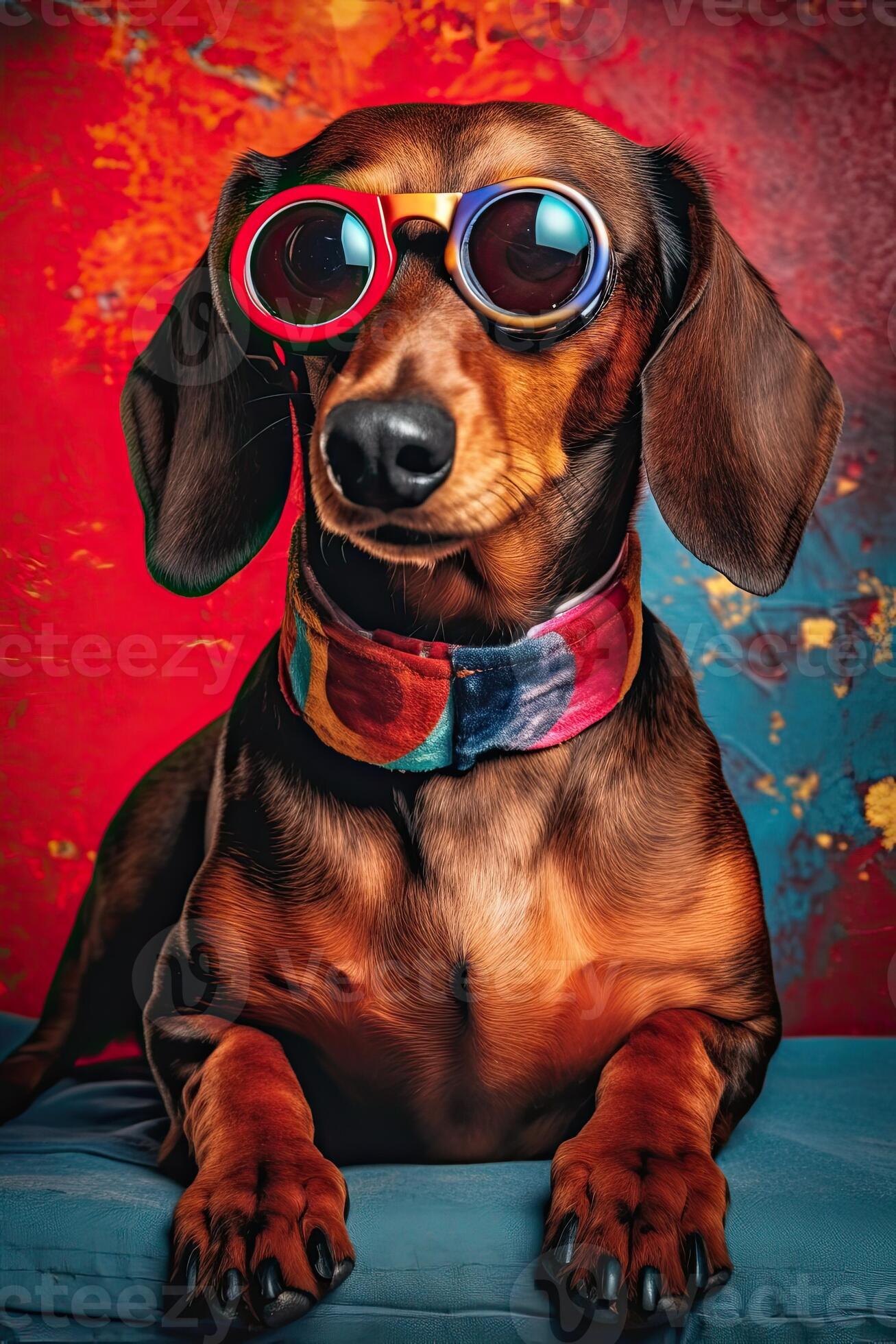 Portrait of a cute tan smooth haired dachshund dog with colored