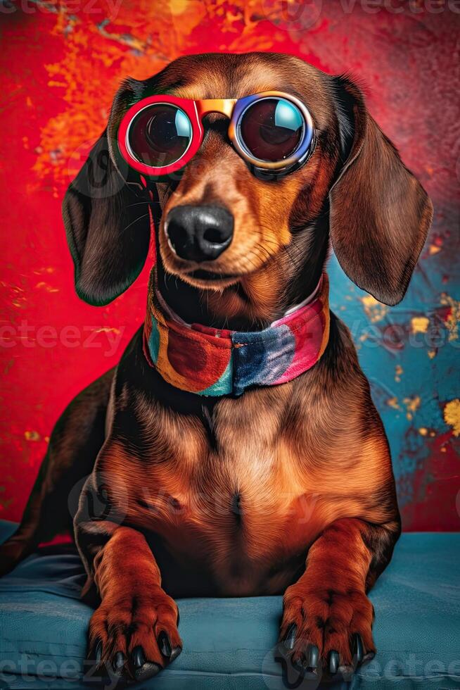 Portrait of a cute tan, smooth-haired dachshund dog with colored sunglasses and collar on red and blue paint studio background. art. photo