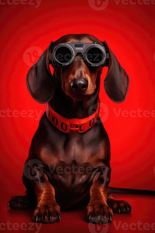 Portrait of a cute tan, smooth-haired dachshund dog with tech-retro sunglasses and a red collar on red studio background. art. photo