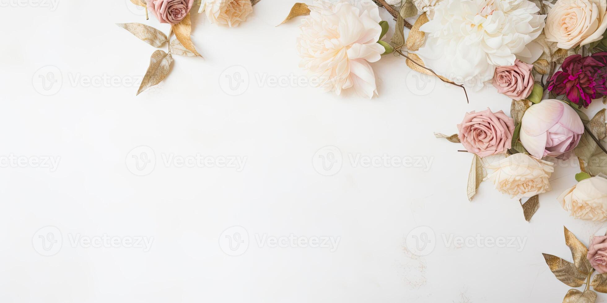 Flower setup on a solid background, with copy space, photo