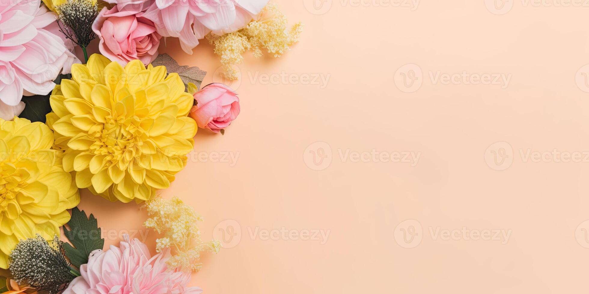 Flower setup on a solid background, with copy space, photo