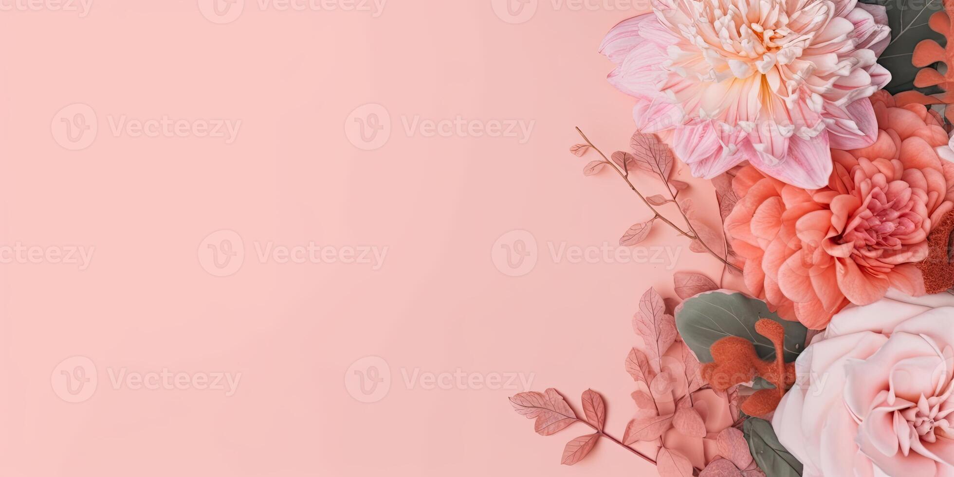 Flower setup on a solid background, with copy space, photo