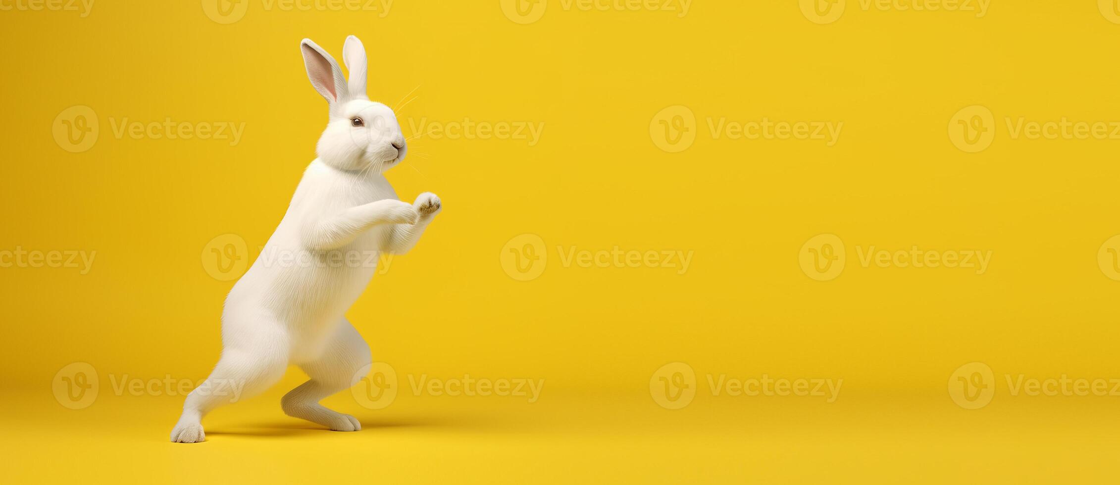 Cute Rabbit isolated on yellow background, Banner with copy space. photo