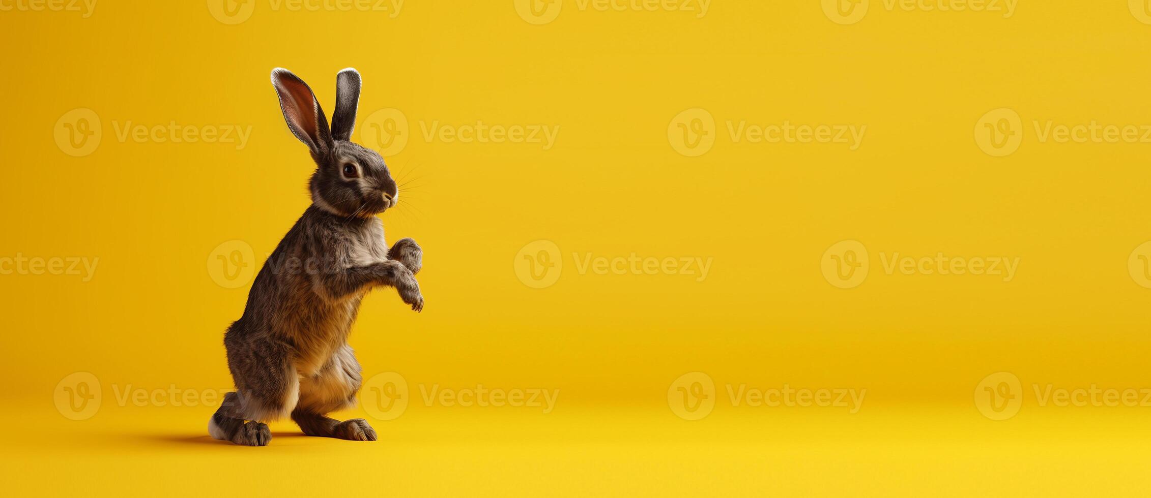 Cute Rabbit isolated on yellow background, Banner with copy space. photo