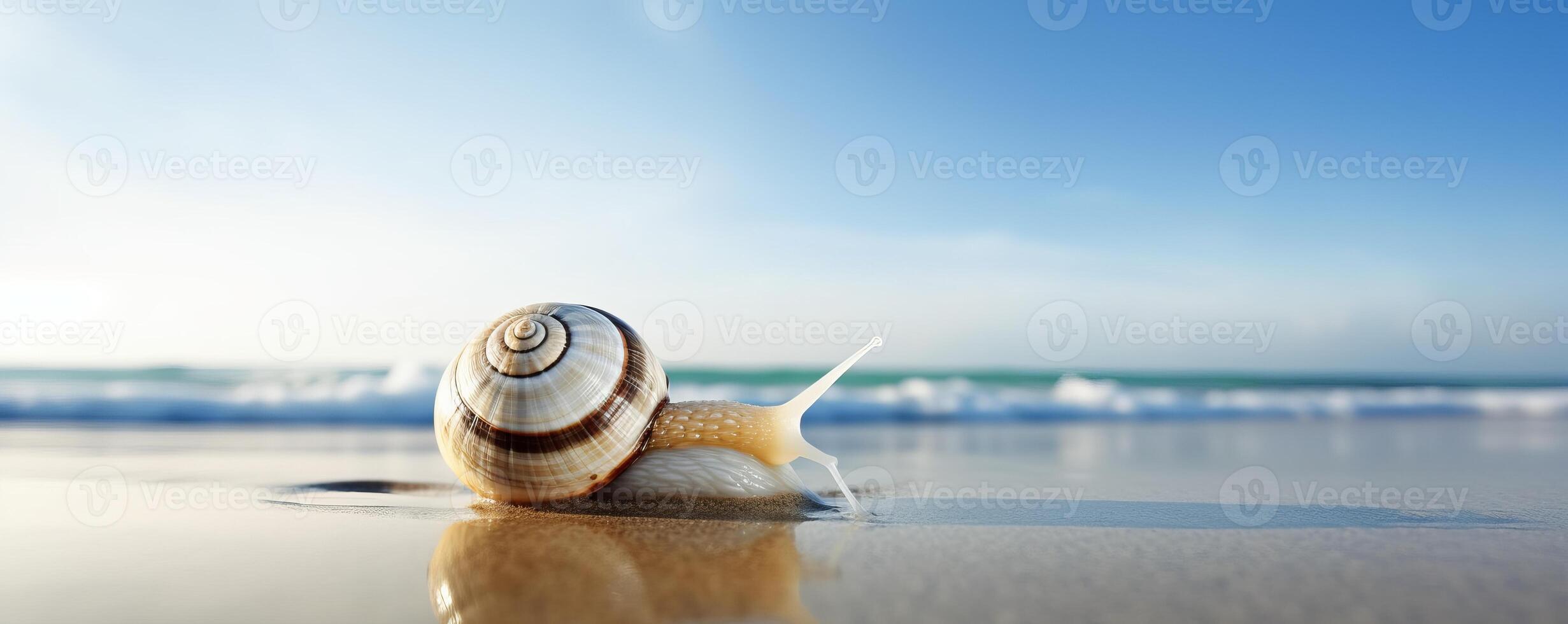 Sea Snail banner on tropical sea, sandy beach and blue sky background. photo