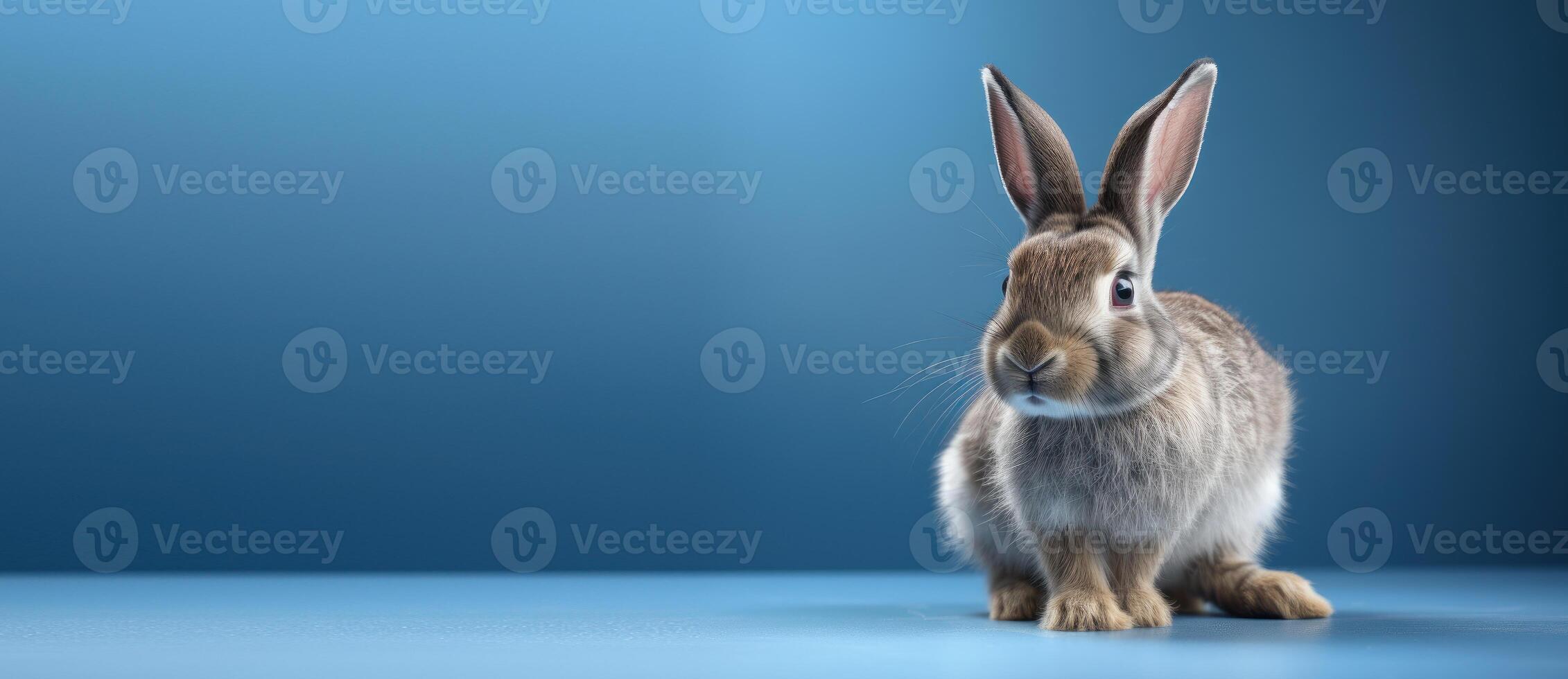 Cute Rabbit isolated on blue background, Banner with copy space. Created photo