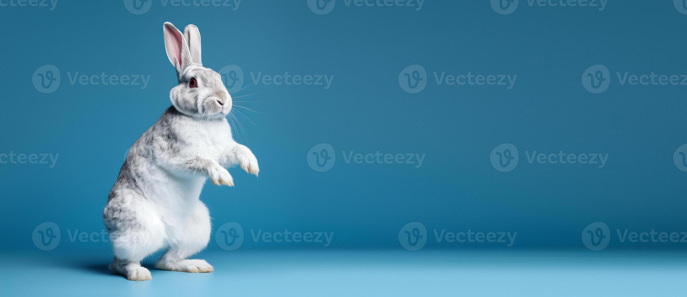 Cute Rabbit isolated on blue background, Banner with copy space. Created photo