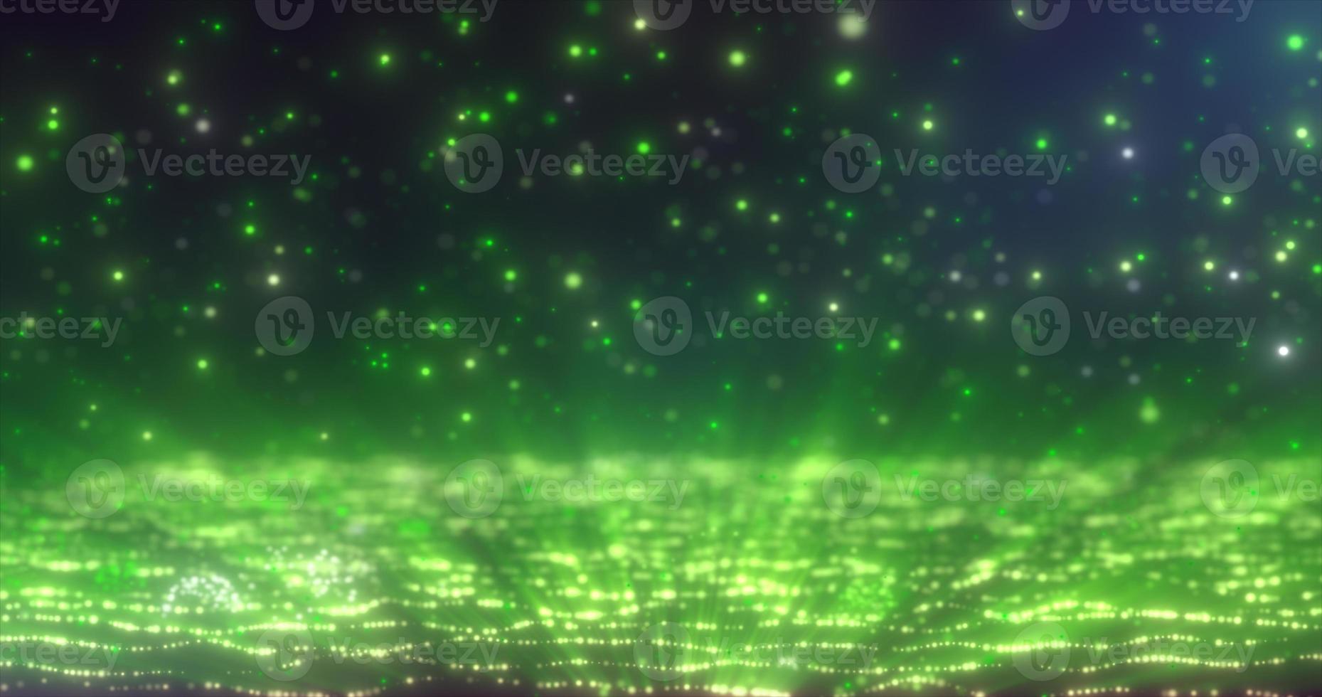 Abstract background of green glowing falling particles and moving magical energy waves photo