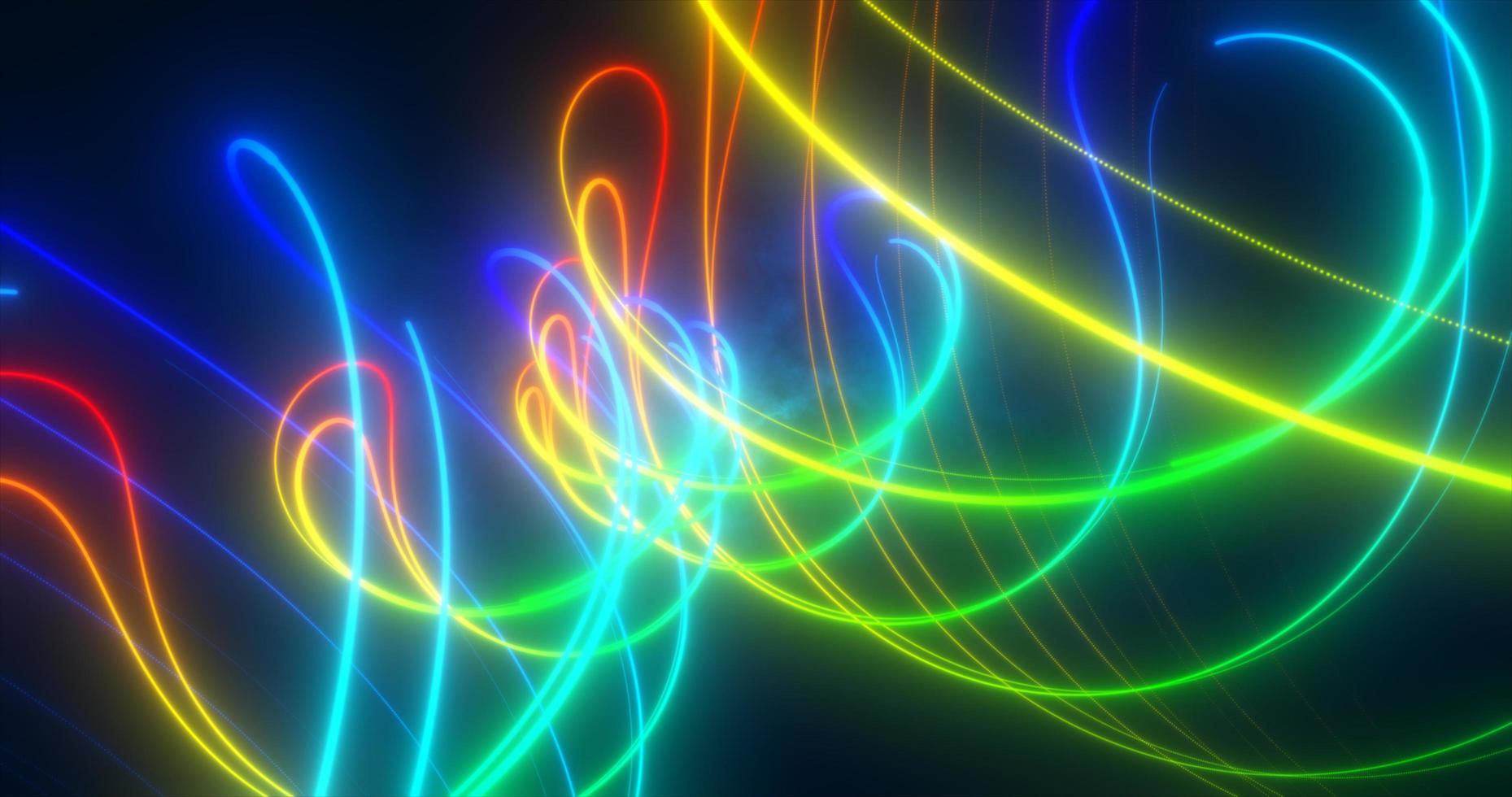 Abstract multi-colored rainbow neon energy laser lines flying on a black background photo