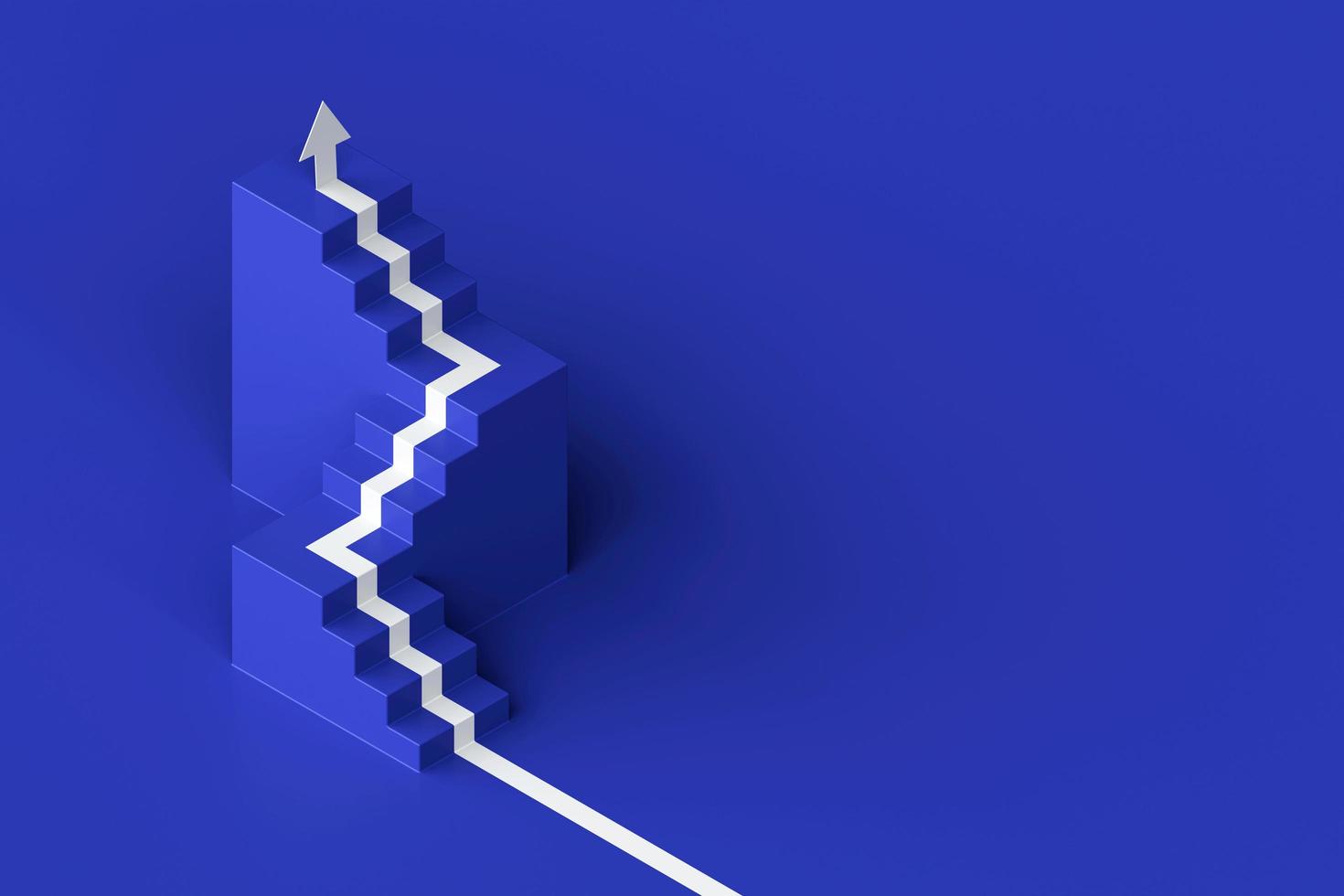 White arrow following the stairs of growth on purple background, 3D arrow climbing up over a staircase , 3d two stairs with arrow going upward, 3d rendering photo