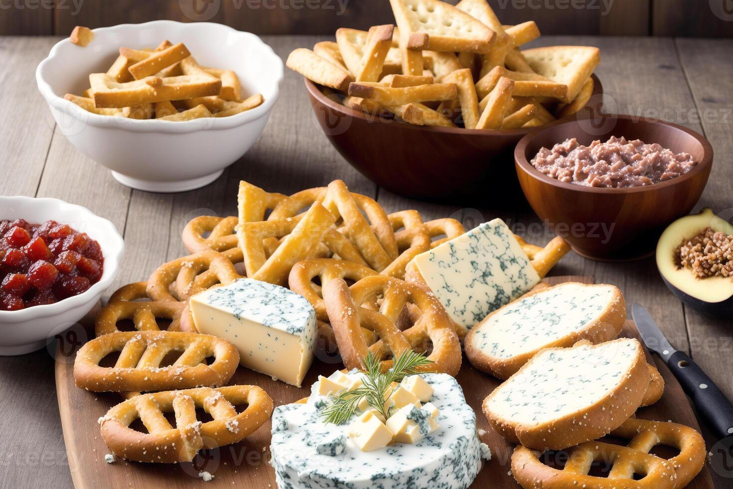 German cuisine. Austrian cuisine. Different types of food in bowls on a dark background. Pretzels with gorgonzola cheese and crackers . photo