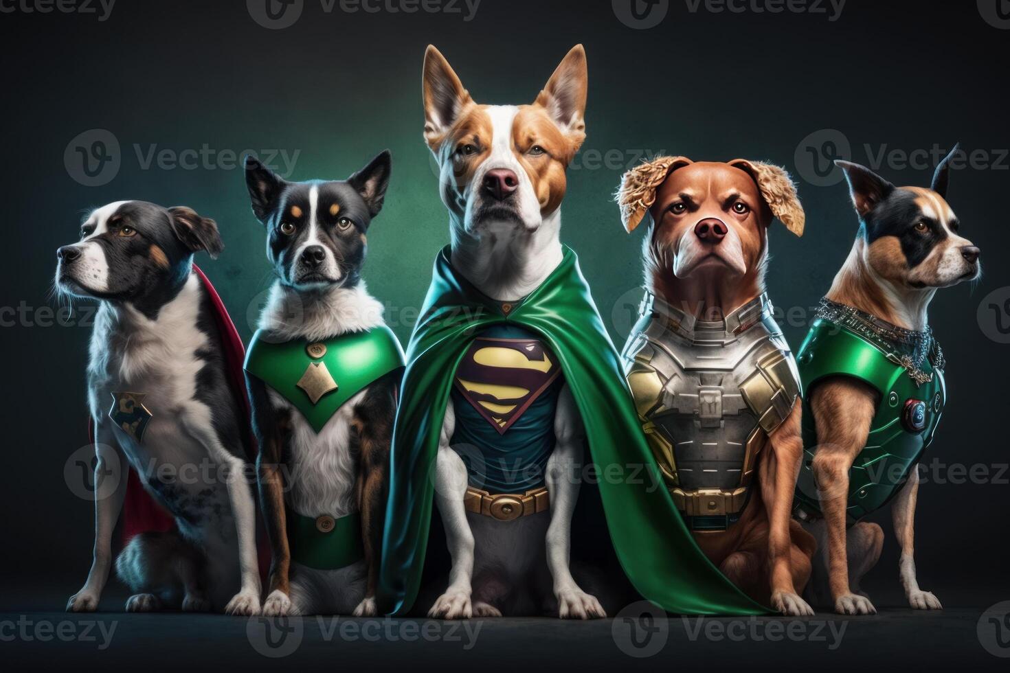 Gang of dog as superheroes with cape on green background. Created photo