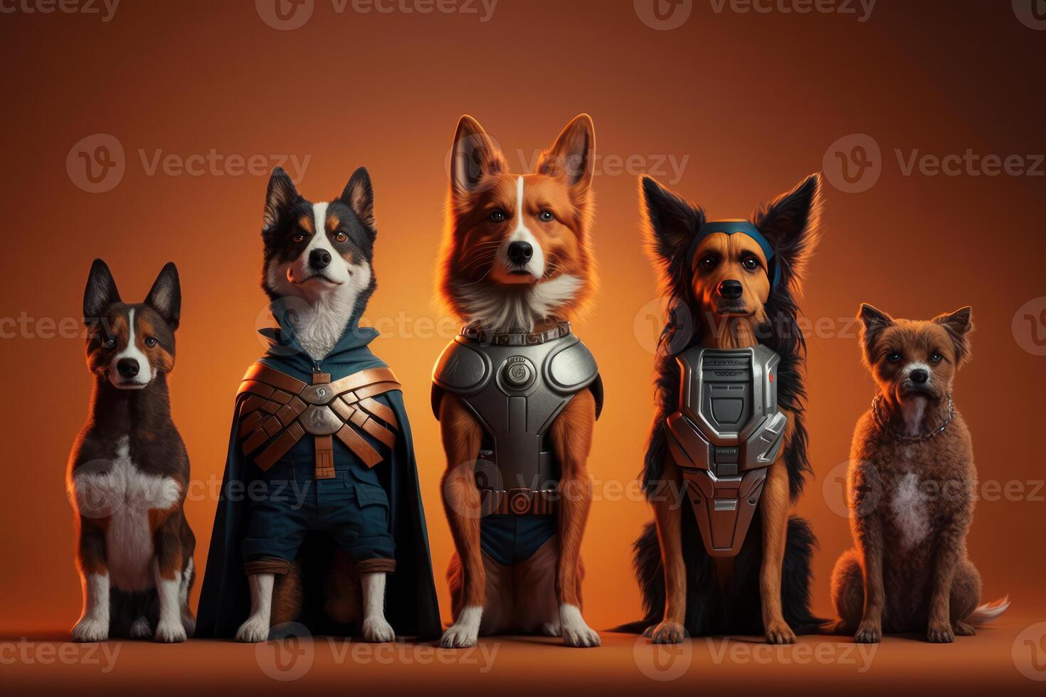 Gang of dog as superheroes with cape on orange background. Created photo