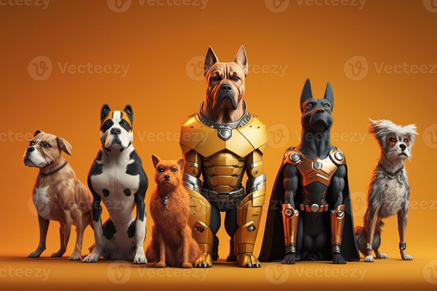 Gang of dog as superheroes with cape on orange background. Created photo