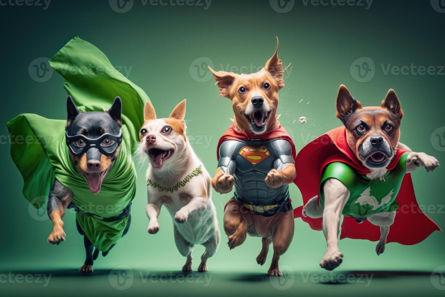 Gang of dog as superheroes with cape on green background. Created photo