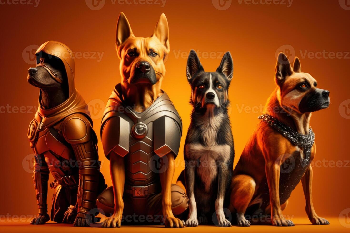 Gang of dog as superheroes with cape on orange background. Created photo