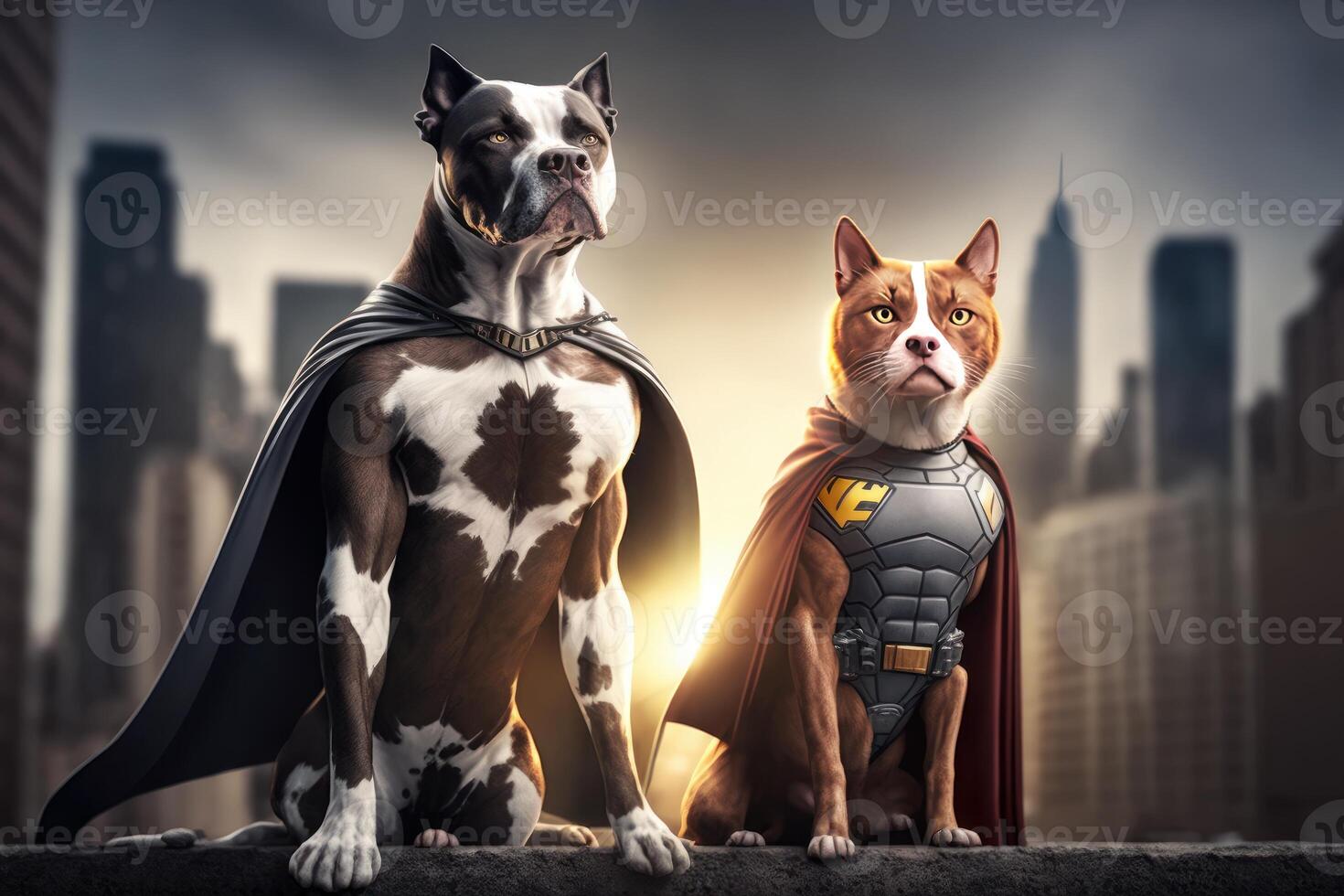 Superpet Cat and Dog as superheroes with cape on cityscape background. Created photo