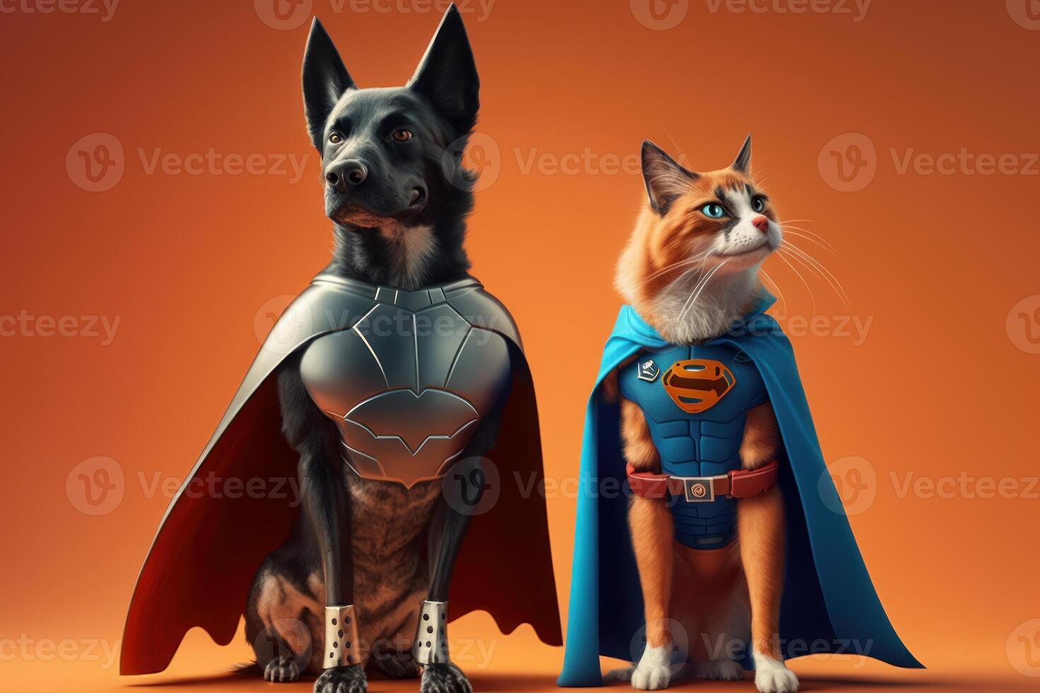 supermascota gato y perro como superhéroes con capa en naranja antecedentes. creado generativo ai foto