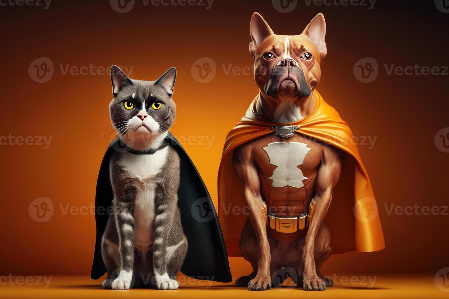 supermascota gato y perro como superhéroes con capa en naranja antecedentes. creado generativo ai foto