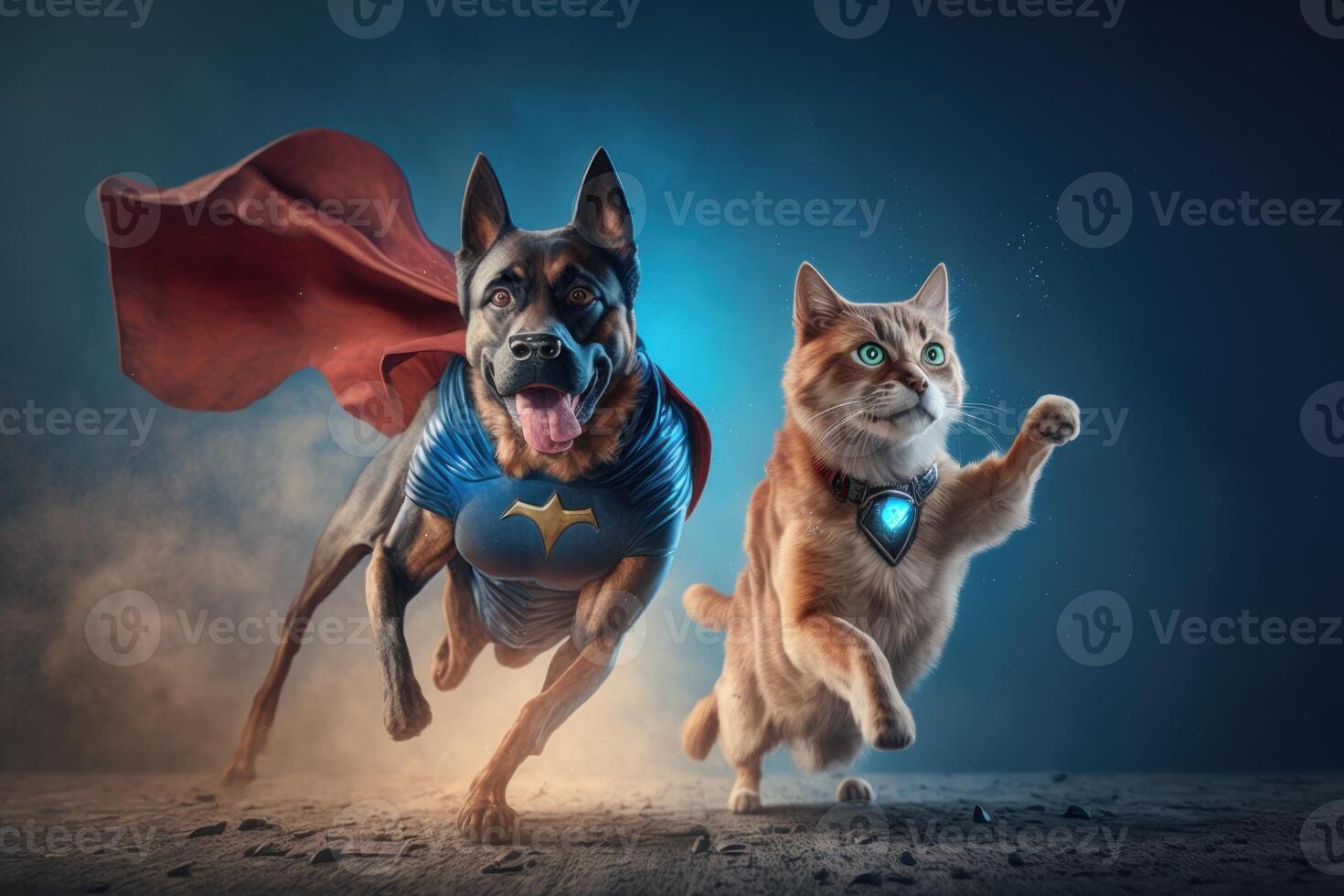 Superpet Cat and Dog as superheroes with cape background. Created photo