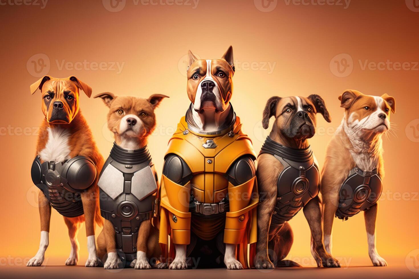 Gang of dog as superheroes with cape on orange background. Created photo