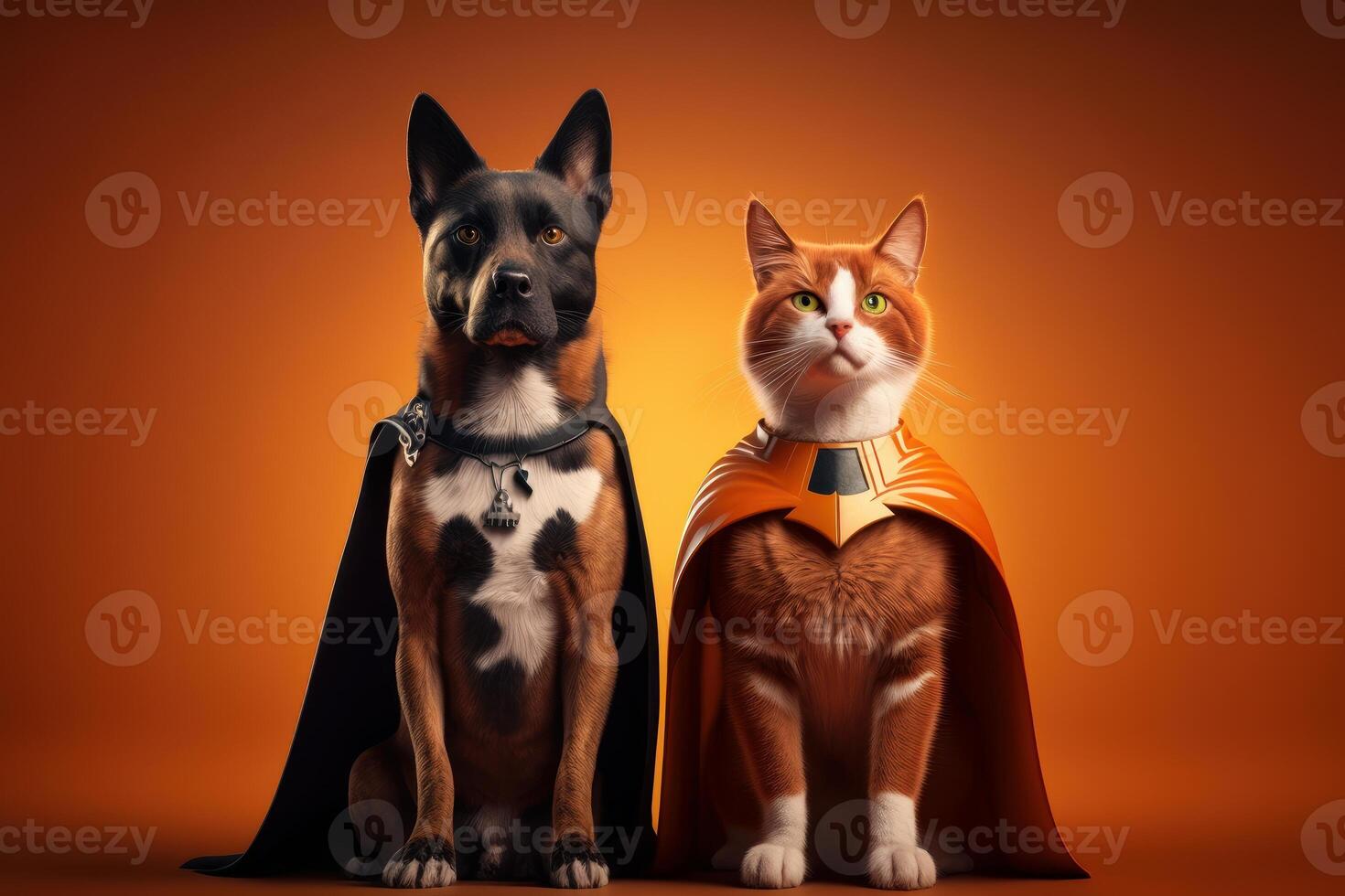 Superpet Cat and Dog as superheroes with cape on orange background. Created photo