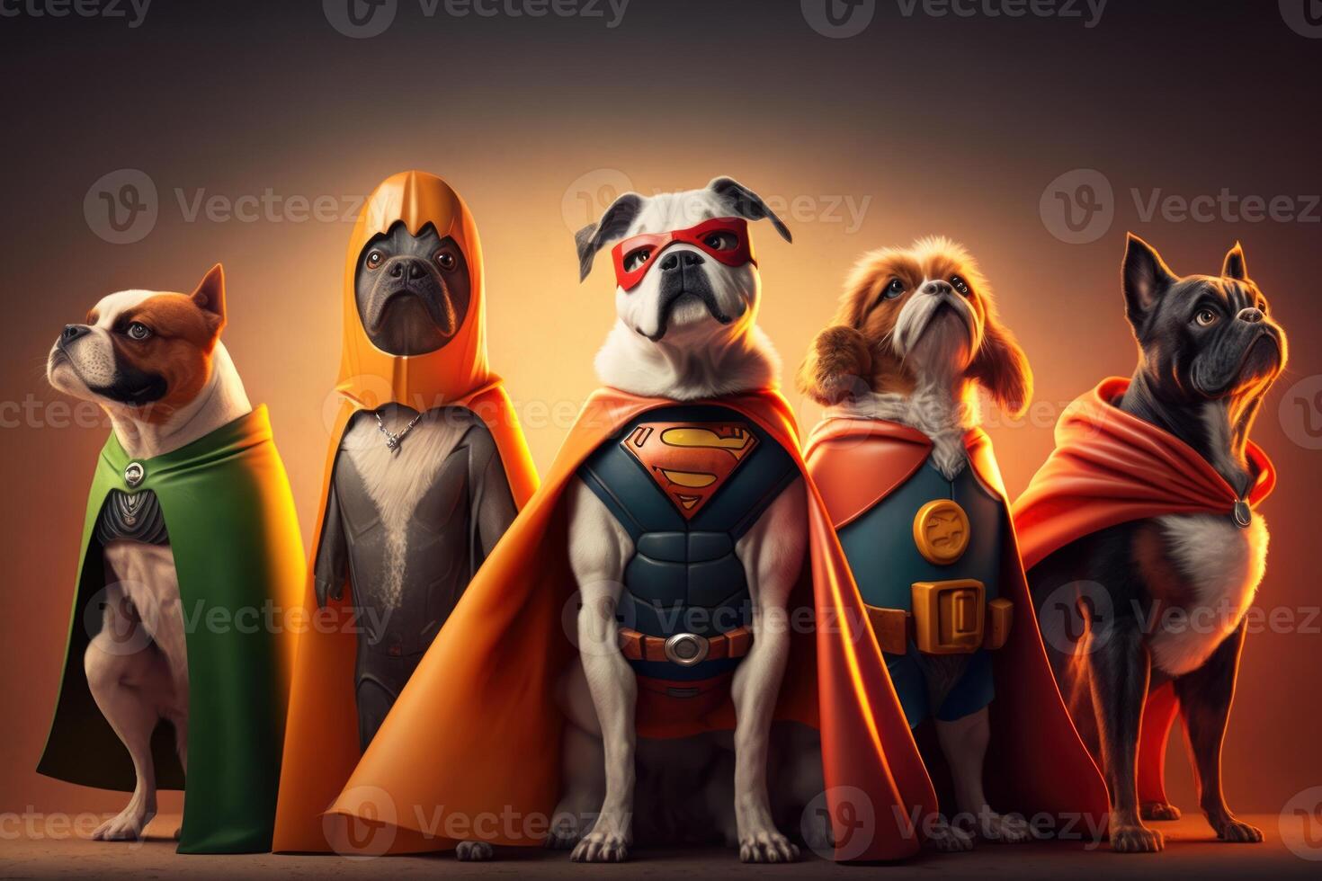 Gang of dog as superheroes with cape on orange background. Created photo