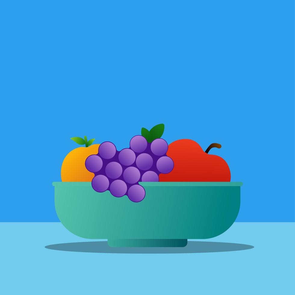 Still life vector illustration. Still life fruit bowl. Bowl of fruits vector illustration.  Isolated fruits in a bowl for leisure and relax design with blue background