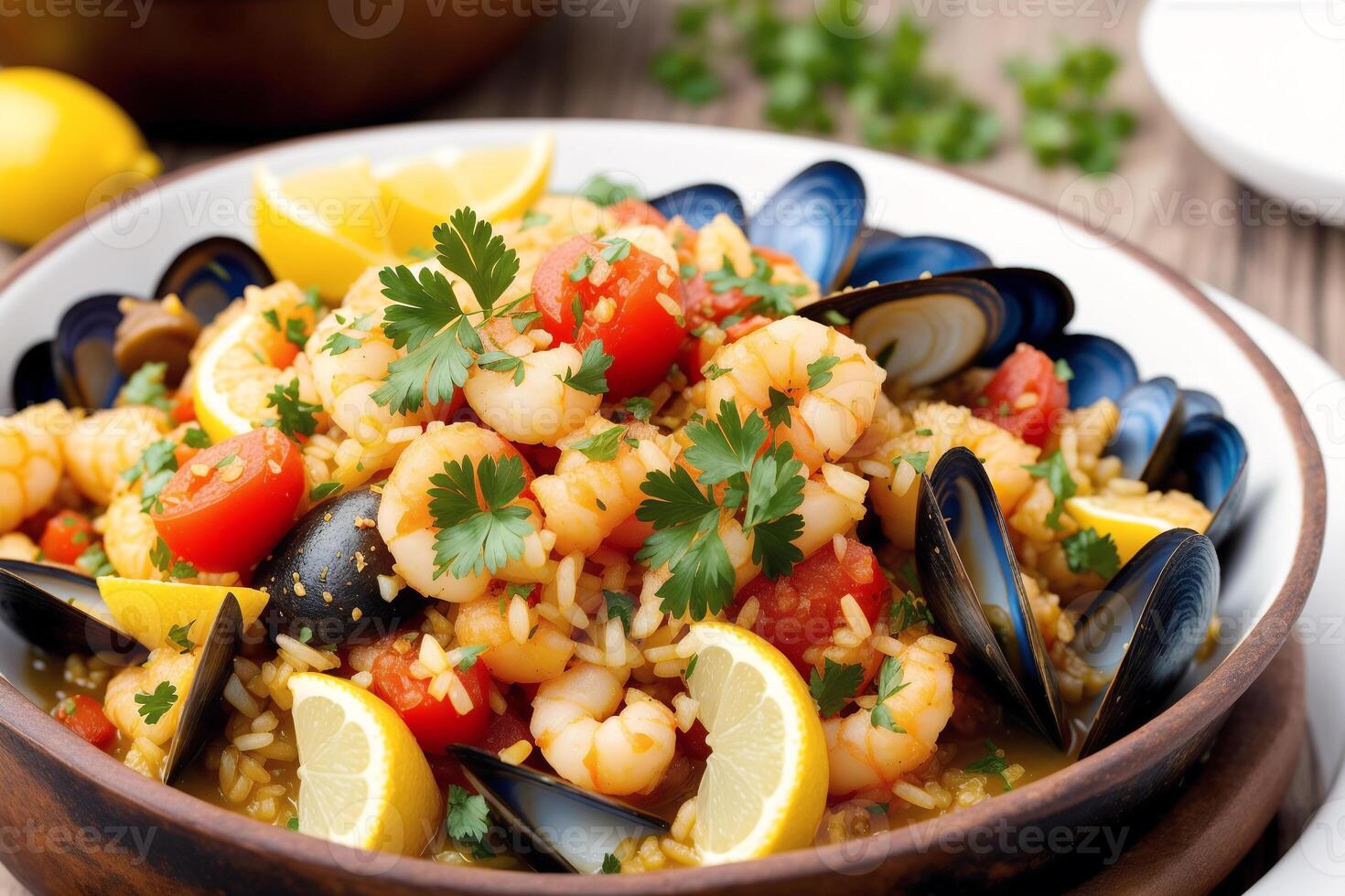 Portugal cuisine. Fried pumpkin with fish fillets. Seafood paella with prawns, mussels and tomatoes. photo