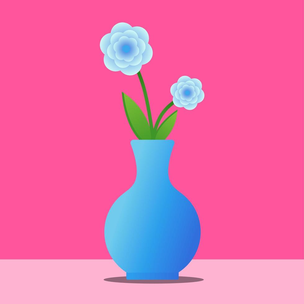 Still life vector illustration. Still life flower vase. White flower in the blue vase with pink background. Vase of flower bloom on isolated background