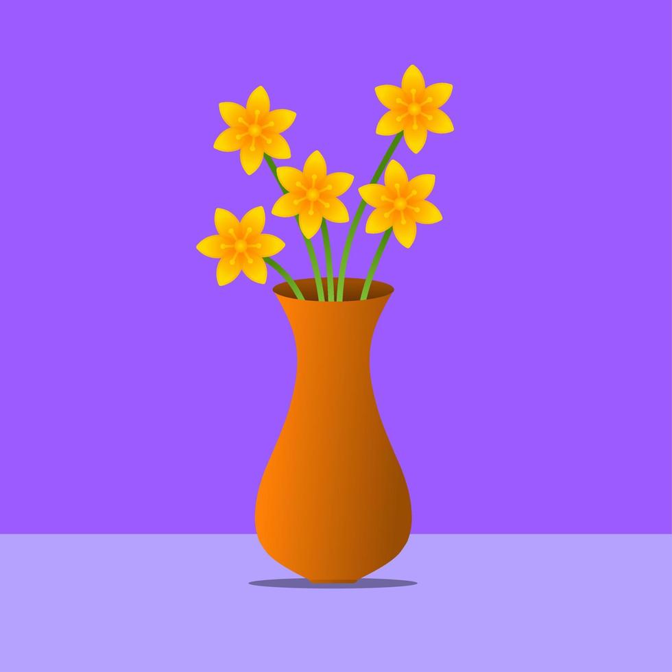 Still life vector illustration. Still life flower vase. Yellow flower in the brown vase with purple background. Vase of flower bloom on isolated background