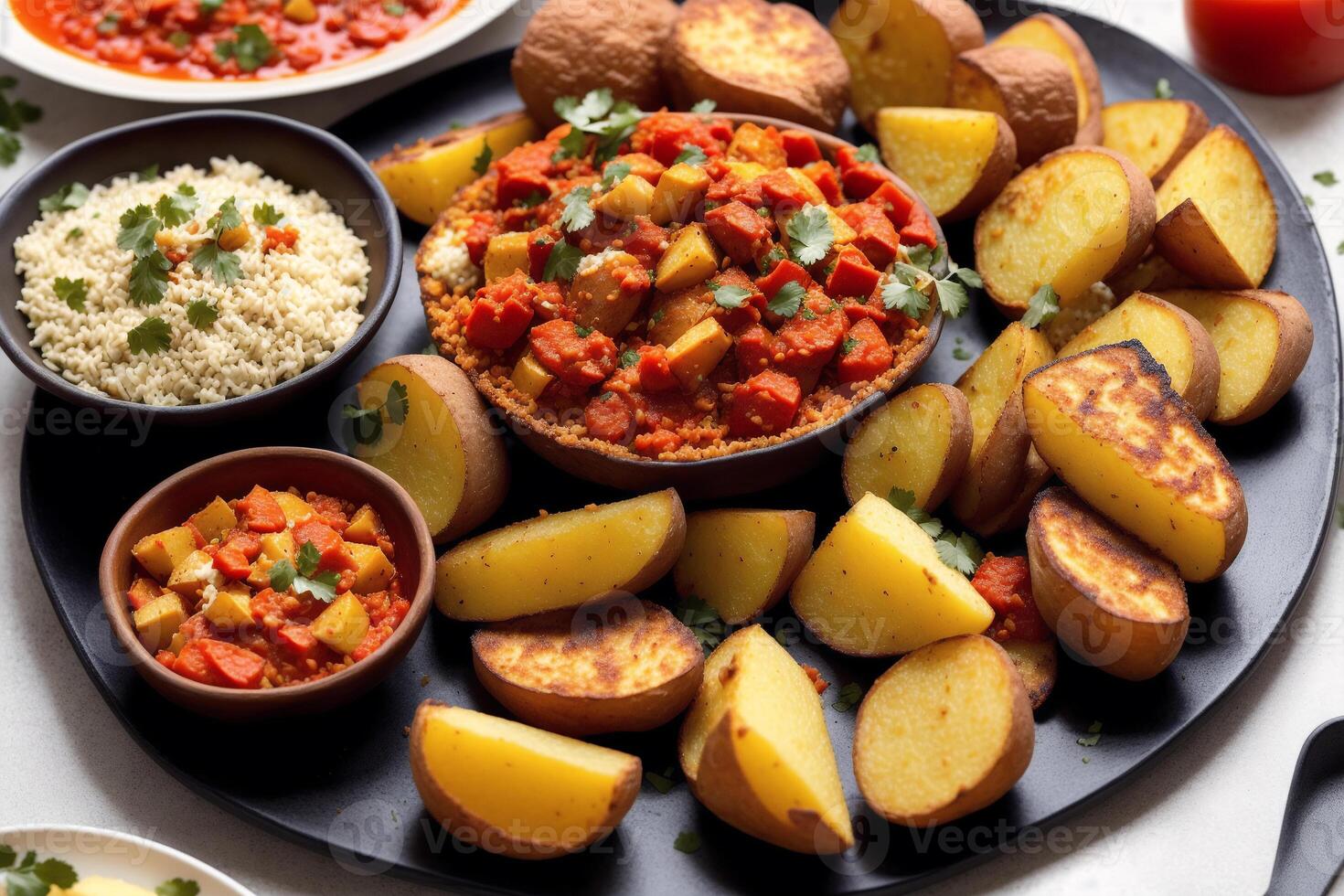 Español cocina. Español paella con camarones, mejillonespus y vegetales. Mariscos paella con langostinos, mejillones y Tomates. generativo ai foto