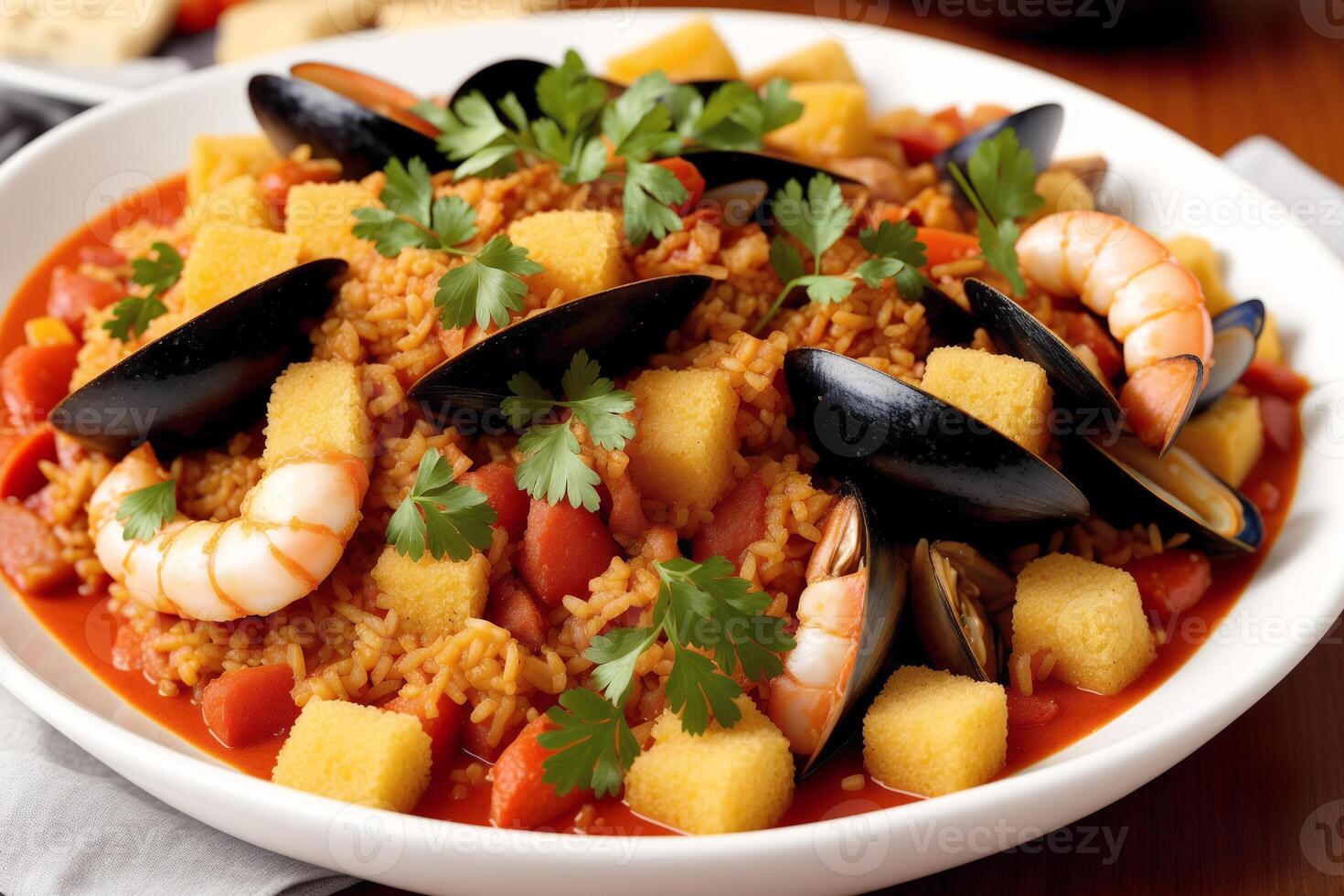 Spanish cuisine. Spanish paella with shrimps, musselspus and vegetables. Seafood paella with prawns, mussels and tomatoes. photo