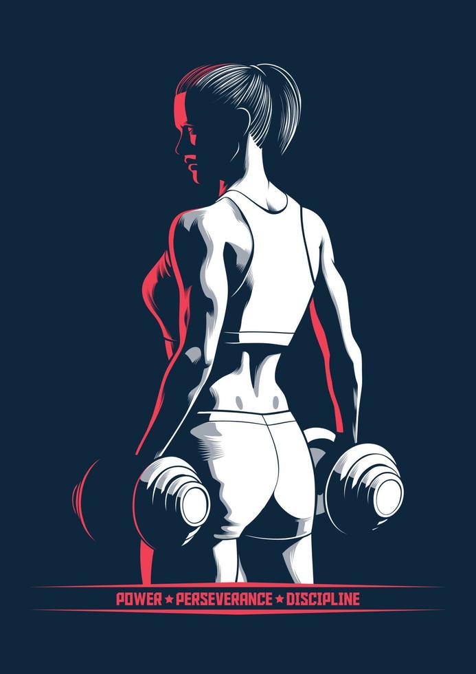 Female Bodybuilder Carrying Dumbbells for Poster and Illustration vector