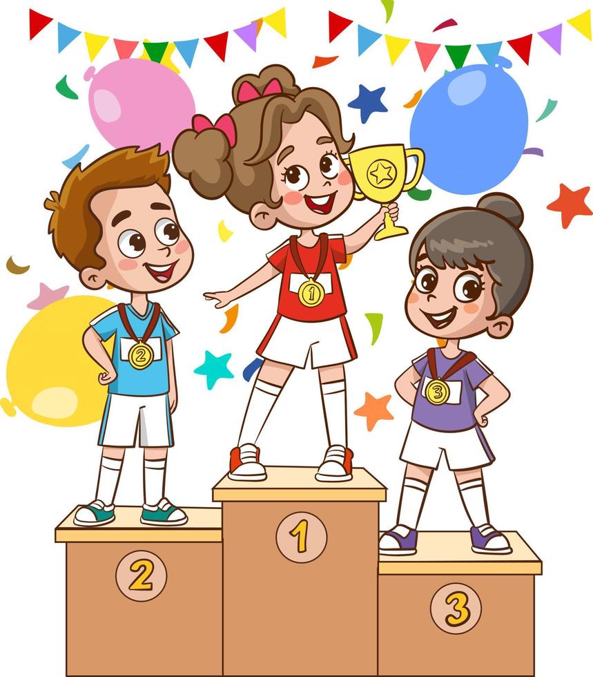 Winner podium. Lucky winner on a podium with a Cup. Colorful cartoon characters. Funny vector illustration. Isolated on white background