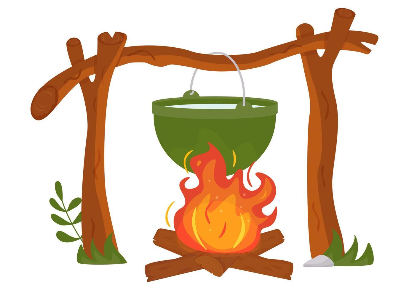 Cooking outdoors in the field. A pot on a fire in the forest. Cooking over a campfire while traveling. Conceptual travel, trekking and adventure. Vector illustration in the flat style. Isolated.