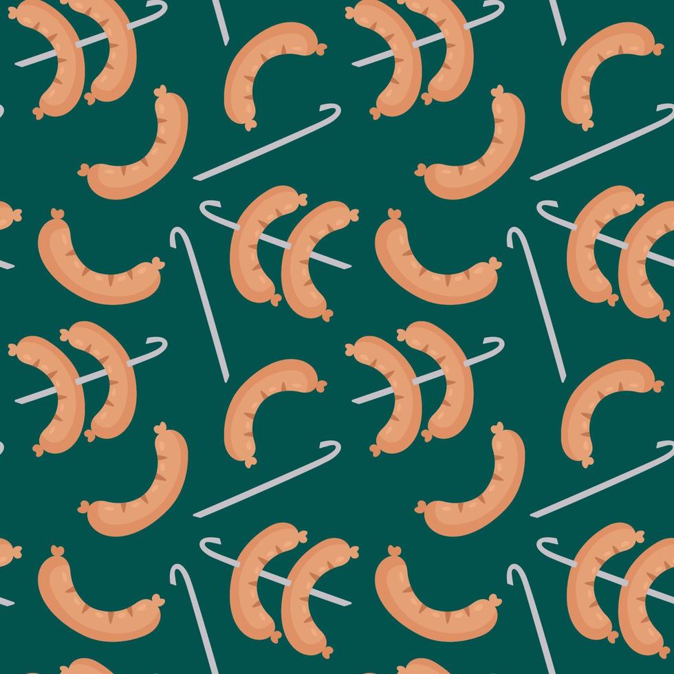 Seamless pattern with smoked sausages on a metal skewer for frying on fire. Barbecue, grill bar or picnic area. Vector illustration in a flat style.